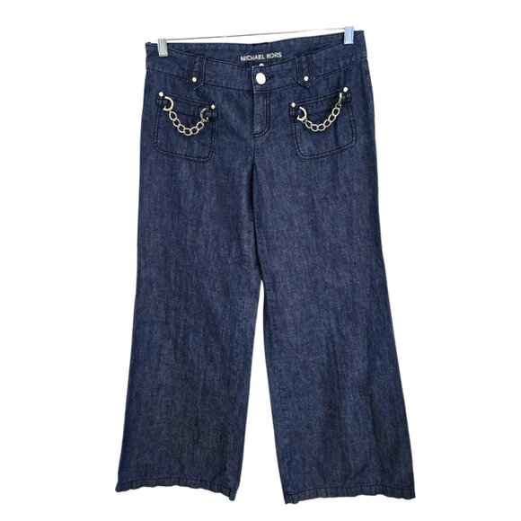 Michael Kors Womens Blue Denim Jeans Wide Leg Chain Accent Low Rise Size 8P - Picture 1 of 12